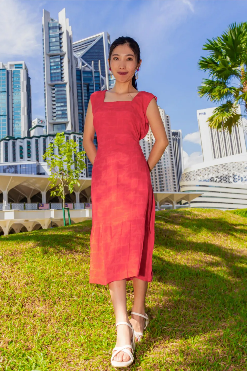 Coral Square-Neck Midi Dress